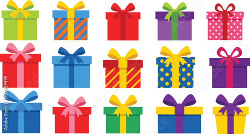 Colorful gift boxes collection with ribbons bows wrapped presents birthday holiday celebration package set flat vector illustration
