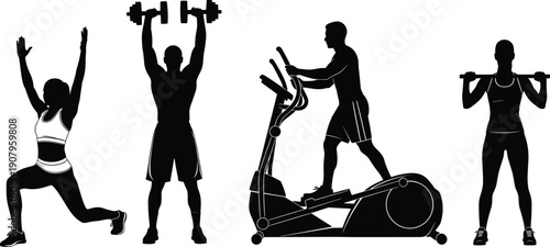 Gym fitness workout silhouette set athletes lifting weights cardio elliptical training strength exercise healthy lifestyle isolated vector