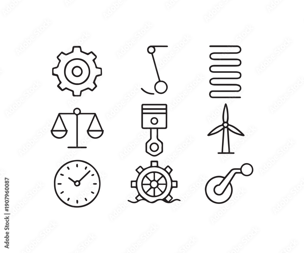 Fototapeta premium Mechanical Engineering and Power Generation Icons Black Line Art Set