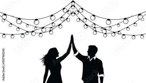 Romantic couple silhouette celebrating under string lights party night love relationship happiness festival decoration isolated vector illustration