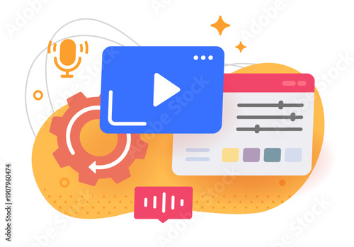 Video editor studio icon vector, podcast content creation software doodle drawn modern graphic illustration, movie film post production, multimedia tool montage, motion videographer footage project
