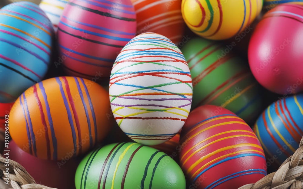 Obraz premium Vibrant Striped Easter Eggs in a Basket