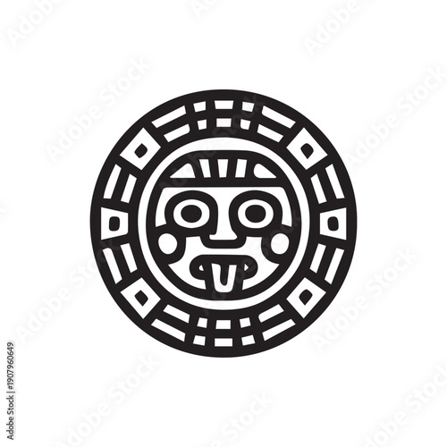 Ancient Aztec Sun God Mask Black And White Vector Graphic Symbol