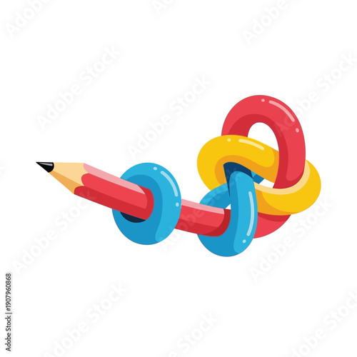 Symbolic illustration of a pencil tied in a difficult knot with vibrant, fluid shapes, representing the convolutions of creative thought and the flexibility required for artistic solutions