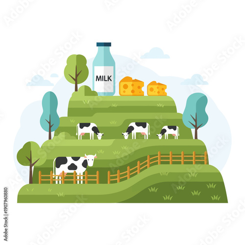 Cows Grazing on Green Hillside Farm.