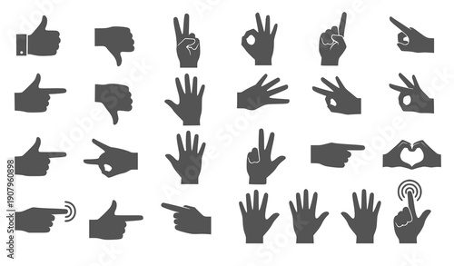 Hand gestures set with diverse actions and emotions flat design vector illustration