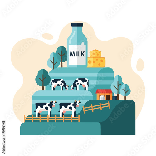 Milk Bottle with Cows and Cheese.