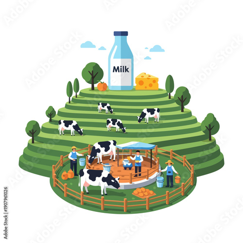 Cows on Farm with Milk Bottle Illustration.