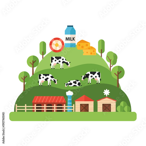 Cows on green hill with dairy products.