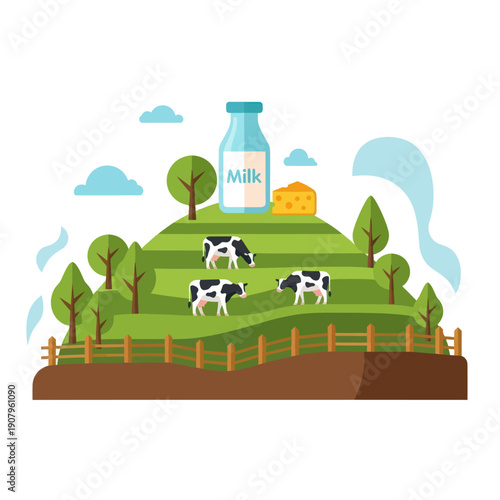 Cows Grazing on Green Hillside with Milk Bottle.