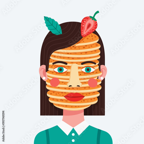 Whimsical portrait illustration of a woman featuring a unique breakfast-themed facial design with stacked pancakes as hair, adorned with fresh strawberry and mint leaf