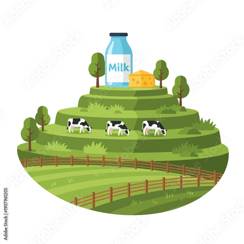Cows Grazing on Green Hillside with Milk Bottle.