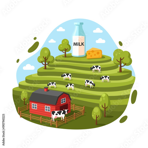 Cows Grazing Near Red Barn on Farm.