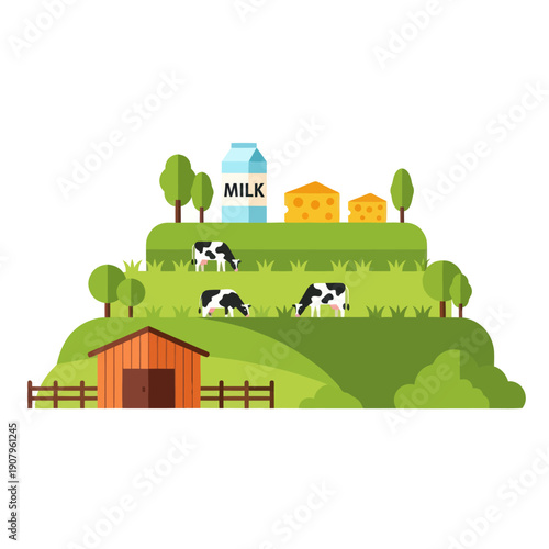 Cows Grazing in Green Pasture with Barn.