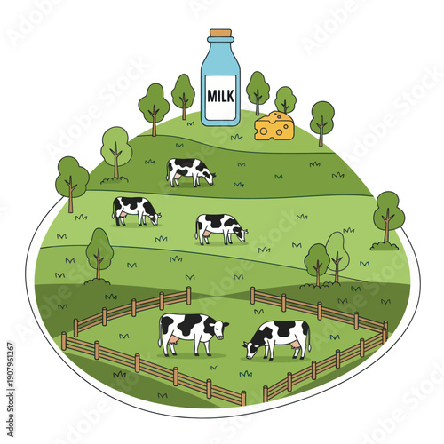 Cows Grazing in Pasture with Milk Bottle.