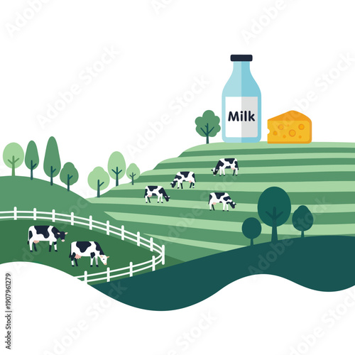 Cows Grazing in Green Pasture Landscape.