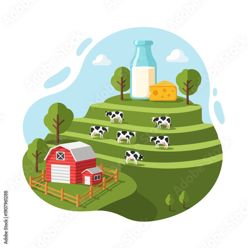 Cows Grazing on Hillside Farm Landscape.