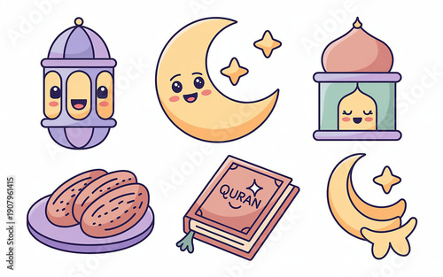 Cute Ramadan icons collection, smiling lantern, soft crescent moon, small mosque, dates plate, Quran with glow, prayer mat, star decorations, pastel colors, soft gradient, rounded shapes, kawaii style