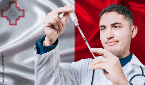 Canvastavla Doctor holding syringe on Malta flag background