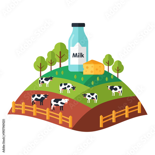 Milk Bottle with Cows on Farm.