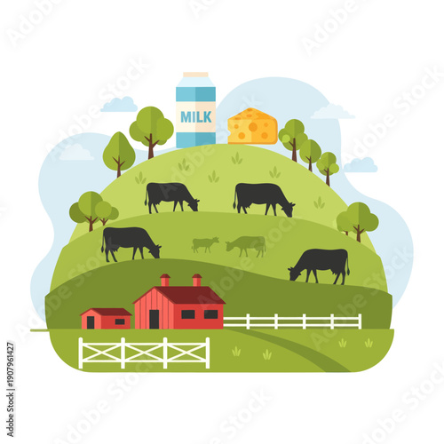 Cows grazing near red farmhouse on hillside.