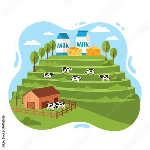 Cows Grazing on Green Hillside Farm.