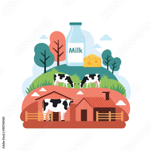 Cows on Farm with Milk Bottle.