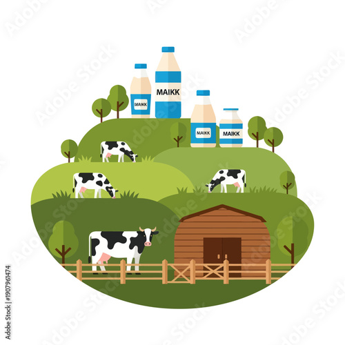 Cows in a green pasture with barn and milk bottles.