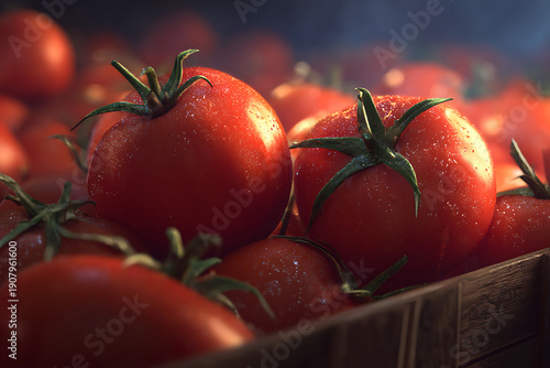 Fresh organic tomatoes in wooden crate with water drops
