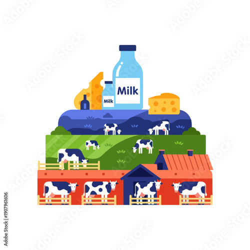 Cows in Farm with Milk Bottle Illustration.