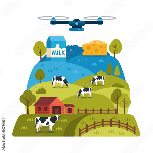 Drone Flying Over Cows on Farm.