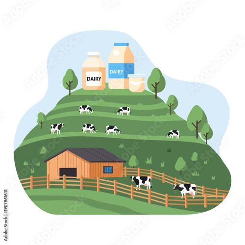 Cows Grazing Near Dairy Farm Barn.