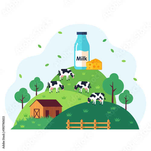 Milk Bottle with Cows on Farm.