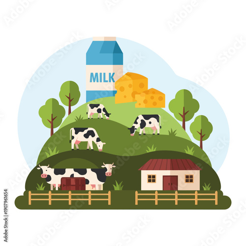Cows Grazing Near Farmhouse with Milk Bottle.