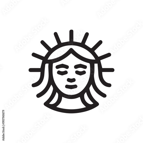 Minimalist Black Line Art Icon of a Serene Crowned Woman or Goddess