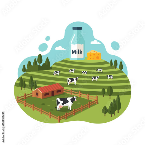 Cartoon Cow Farm Scene with Milk Bottle.