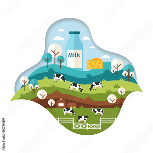 Cows Grazing on Green Pasture with Milk Bottle.
