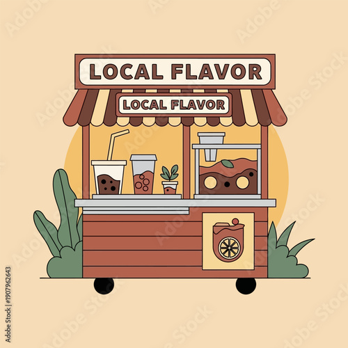 Local Flavor" Street Food Cart Illustration Offering Refreshing Beverages and Sweet Treats for a Delightful Urban Experience