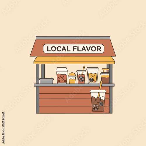 Charming illustration of a quaint local flavor drink stand offering a delightful variety of refreshing bubble teas and specialty beverages, perfect for a street food market or small business concept