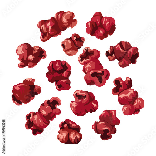 Scattered vector popcorn kernels dyed bloody red on white background – Perfect for horror movie promotions, spooky snack ads, or Halloween party decor graphics.