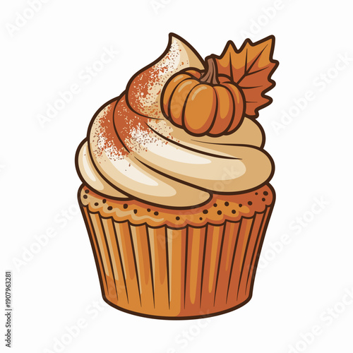 Halloween Pumpkin Spice Cupcake with Cream Frosting Vector – Ideal for festive dessert advertising, fall-themed recipes, or seasonal product labels.