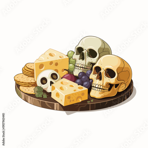 Spooky skull cheese platter vector illustration on wooden board – Ideal for upscale halloween party invitations and recipes.
