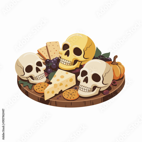 Festive halloween skull cheese board vector illustration – Perfect for autumn entertaining guides and culinary blogs.