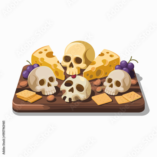 Detailed skull cheese platter vector for spooky appetizers – Suitable for food and beverage branding and seasonal menus.