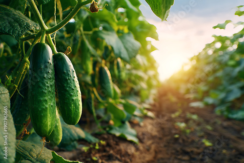Cucumbers growing on vine plant in rows