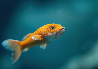 A goldfish swims through a blue-green underwater scene with shimmering scales and shadows.