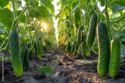 Growing cucumbers in a commercial agriculture greenhouse tunnel