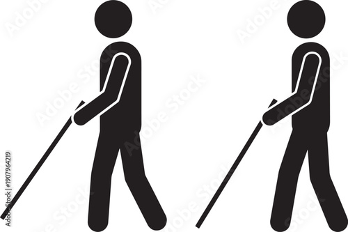 Silhouette of two blind men with cane walking aid