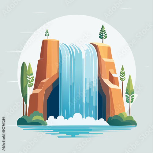 Vector illustration of a majestic waterfall cascading over rocky cliffs in a serene landscape