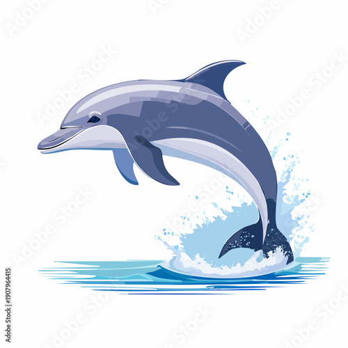 Vector illustration of a cheerful dolphin jumping out of the ocean water, creating a big splash